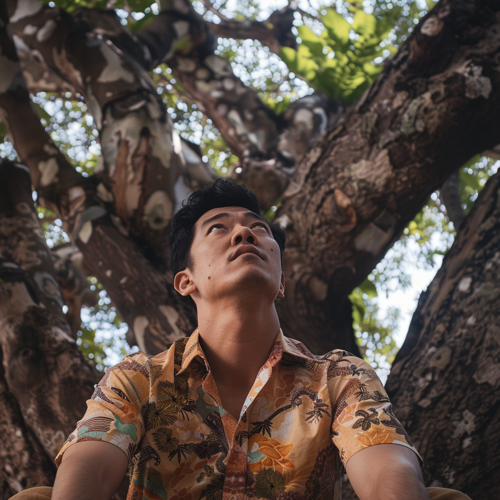 Man looking up with hope under a tree